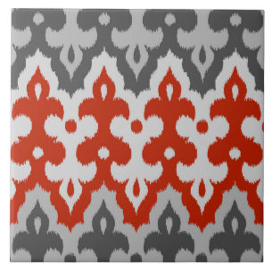 Moroccan Ikat Damask, Graphite Grey and Red Tile
