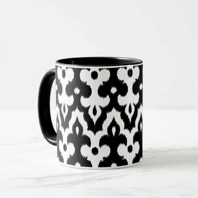 Moroccan Ikat Damask Pattern, Black and White Mug (Front Left)
