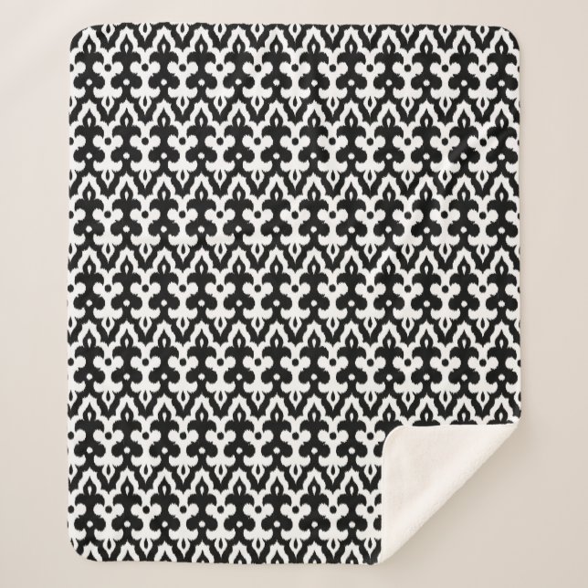 Moroccan Ikat Damask Pattern, Black and White Sherpa Blanket (Front)