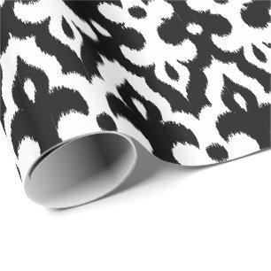 Moroccan Ikat Damask Pattern, Black and White Wrapping Paper