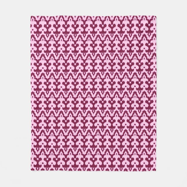 Moroccan Ikat Damask Pattern, Burgundy and Pink Fleece Blanket (Front)