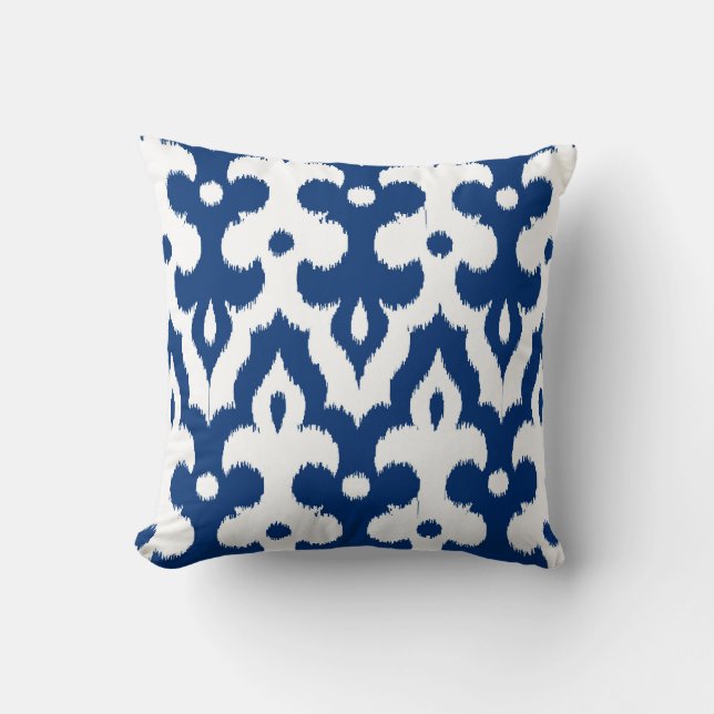 Moroccan Ikat Damask Pattern, Cobalt Blue & White Cushion (Front)