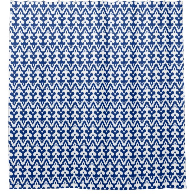 Moroccan Ikat Damask Pattern, Cobalt Blue & White Shower Curtain (Front)