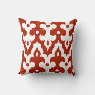 Moroccan Ikat Damask Pattern, Deep Red and White Cushion