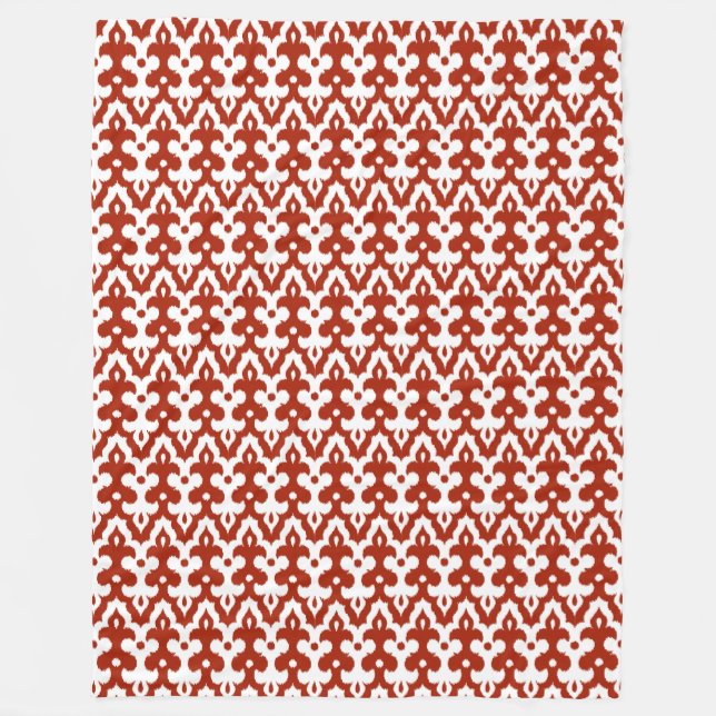 Moroccan Ikat Damask Pattern, Deep Red and White Fleece Blanket (Front)