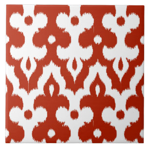 Moroccan Ikat Damask Pattern, Deep Red and White Tile