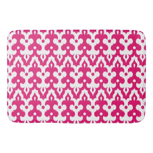 Moroccan Ikat Damask Pattern, Fuchsia Pink & White Bath Mat (Front)
