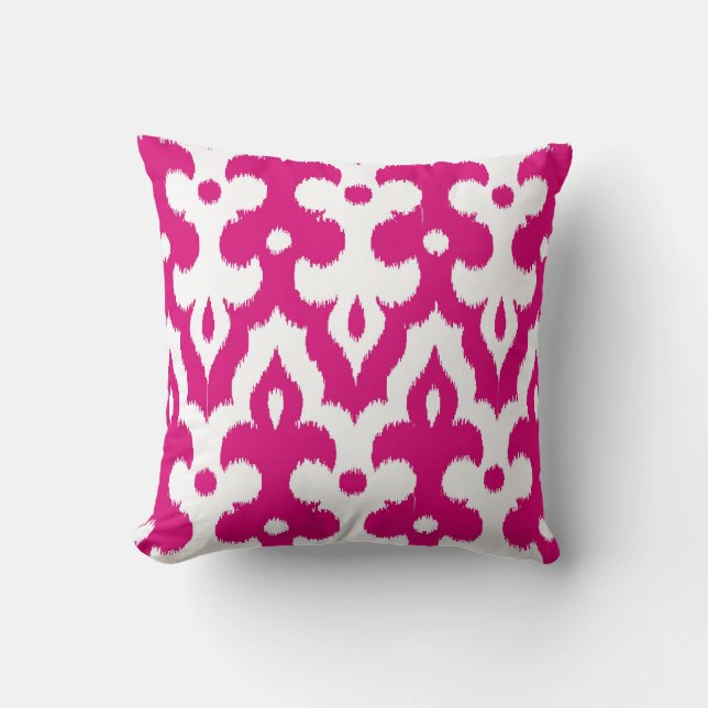 Moroccan Ikat Damask Pattern, Fuchsia Pink & White Cushion (Front)