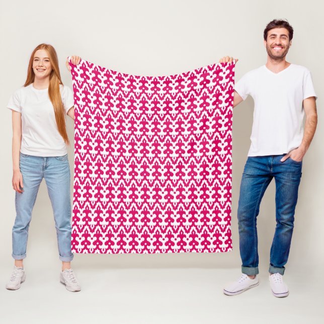 Moroccan Ikat Damask Pattern, Fuchsia Pink & White Fleece Blanket (In Situ)