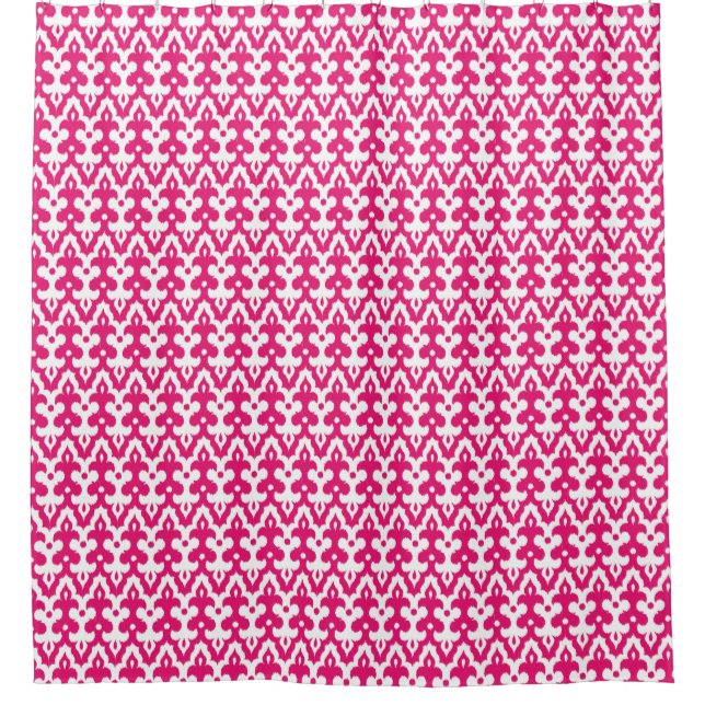 Moroccan Ikat Damask Pattern, Fuchsia Pink & White Shower Curtain (Front)
