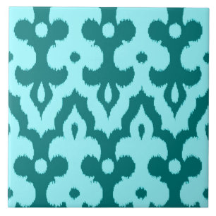 Moroccan Ikat Damask Pattern, Turquoise and Aqua Ceramic Tile