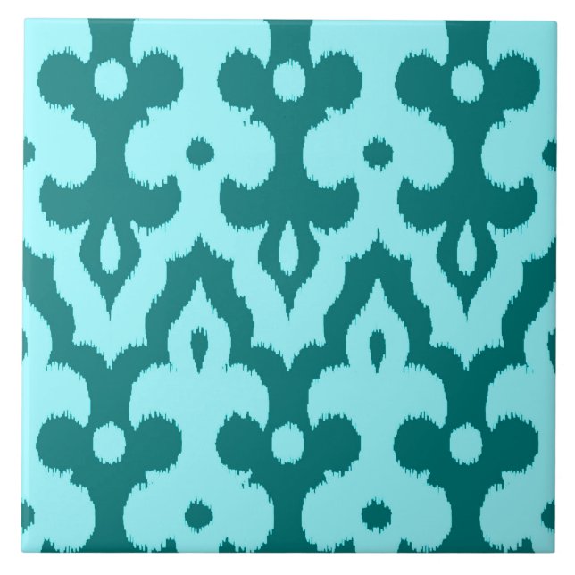 Moroccan Ikat Damask Pattern, Turquoise and Aqua Ceramic Tile (Front)