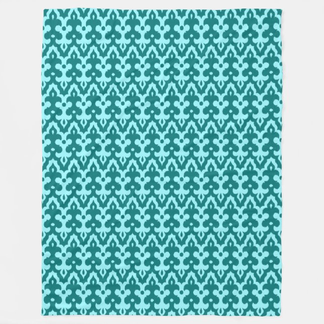 Moroccan Ikat Damask Pattern, Turquoise and Aqua Fleece Blanket (Front)