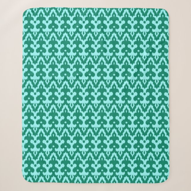 Moroccan Ikat Damask Pattern, Turquoise and Aqua Sherpa Blanket (Front)