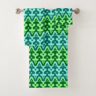 Moroccan Ikat Damask, Turquoise & Jade Green Bath Towel Set