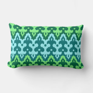 Moroccan Ikat Damask, Turquoise & Jade Green Lumbar Cushion