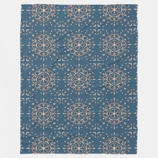 Moroccan Inspired Blue and Tan Medallion Pattern Fleece Blanket (Front)