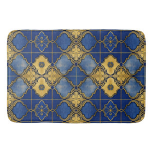 Moroccan Inspired Pattern Quatrefoils Blue Gold Bath Mat