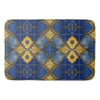Moroccan Inspired Pattern Quatrefoils Blue Gold Bath Mat