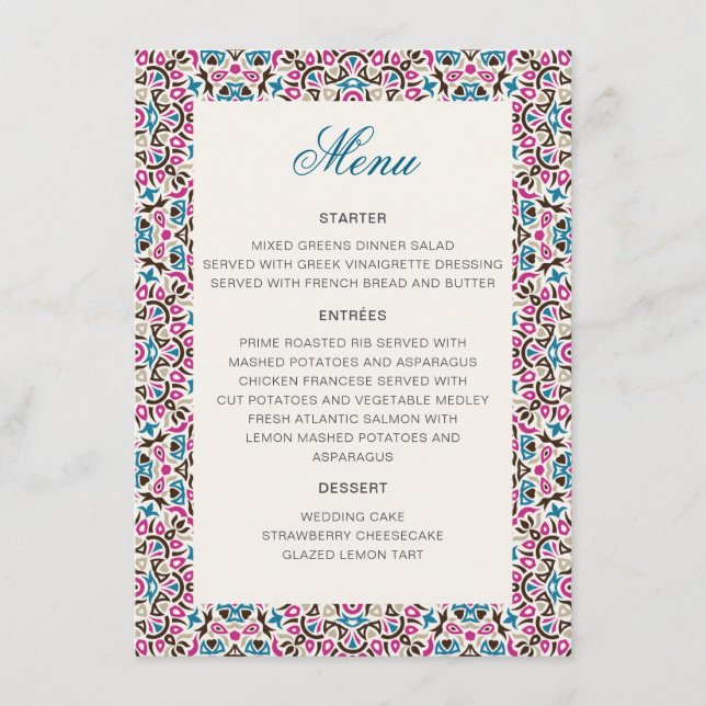 Moroccan Lattice Geometric Mandala Wedding Menu (Front)