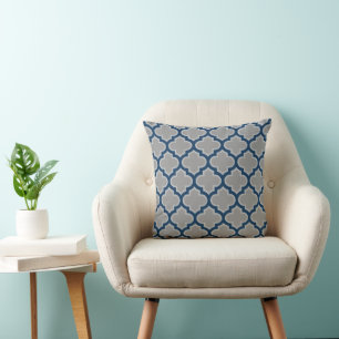 Moroccan Lattice Grey and Navy Blue Pattern Cushion