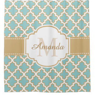 Moroccan Lattice Monogram Elegant Gold Teal Blue Shower Curtain