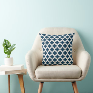 Moroccan Lattice Navy Blue Grey White Pattern Cushion