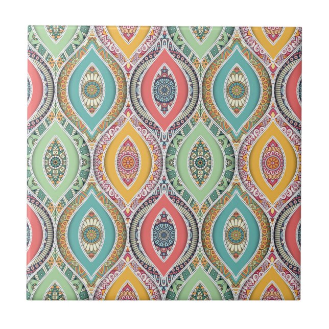 Moroccan mandala colourful ethnic pattern ceramic tile (Front)