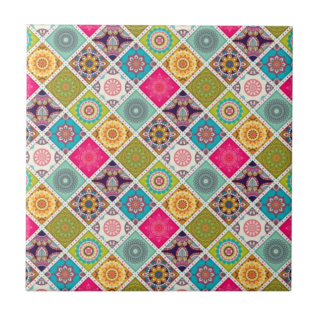 Moroccan mandala colourful ethnic pattern ceramic tile (Front)