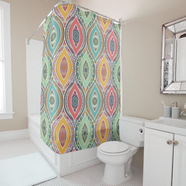 Moroccan mandala colourful ethnic pattern shower curtain (In Situ)