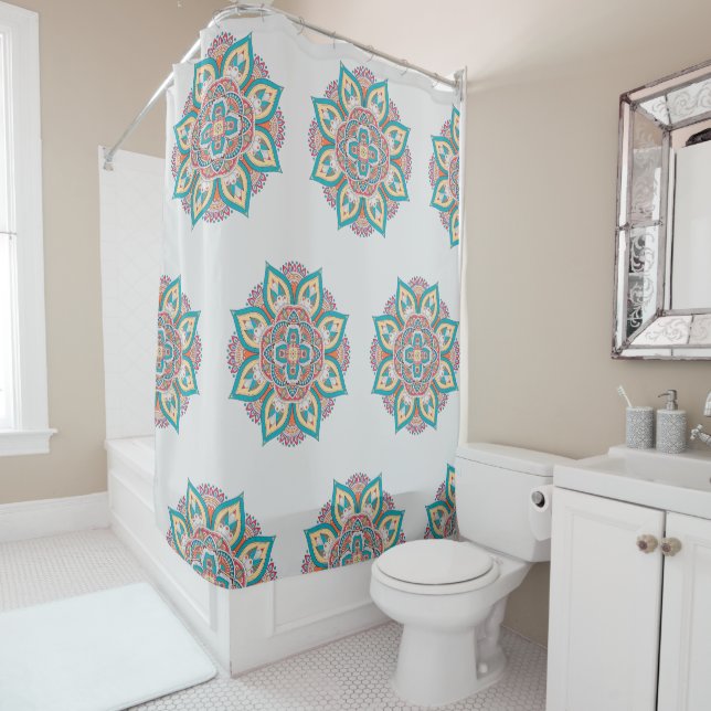 Moroccan mandala colourful ethnic pattern shower curtain (In Situ)