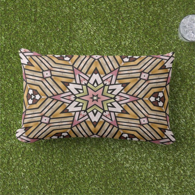 Moroccan Mediterranean Boho Tile Art Pattern Lumbar Cushion (Grass)