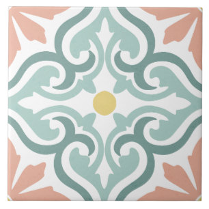 Moroccan Mediterranean Ornamental Teal Peach Ceramic Tile
