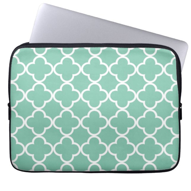 Moroccan Mint Green & White Quatrefoil Pattern Laptop Sleeve (Front)