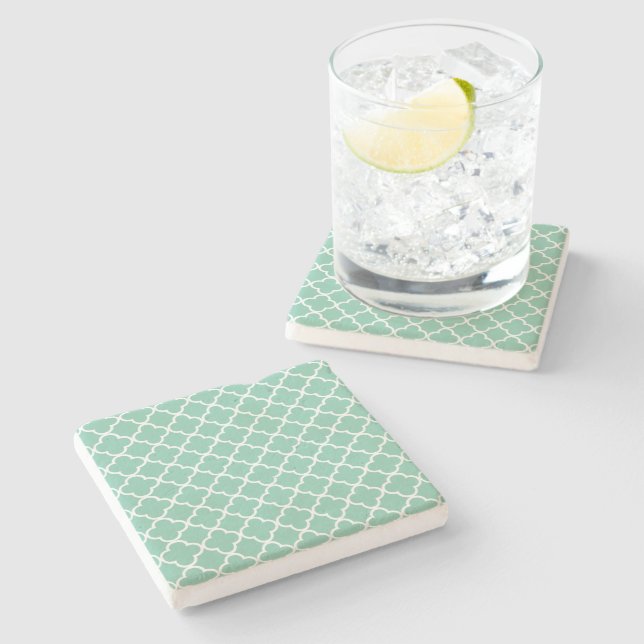 Moroccan Mint Green & White Quatrefoil Pattern Stone Coaster (Side)