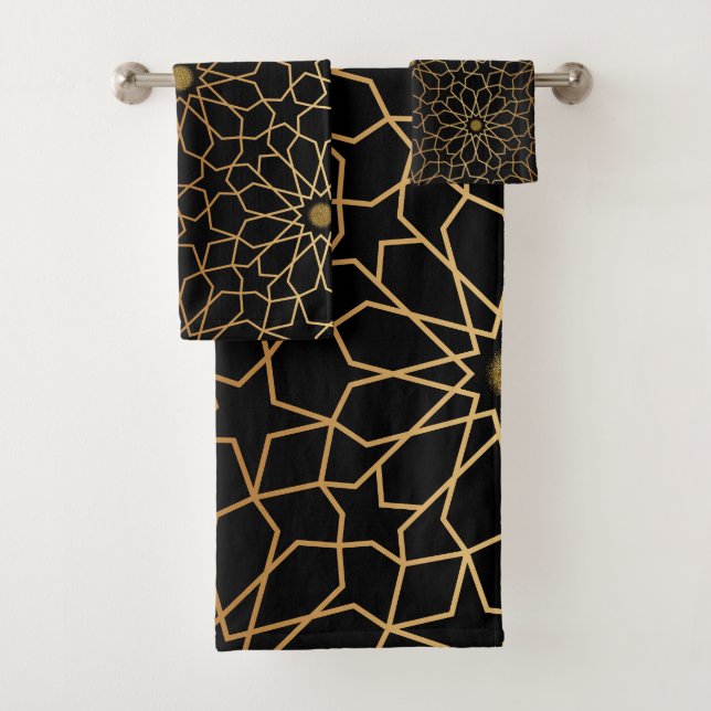 Moroccan Modern Gold Black Mediterranean Pattern Bath Towel Set (Insitu)