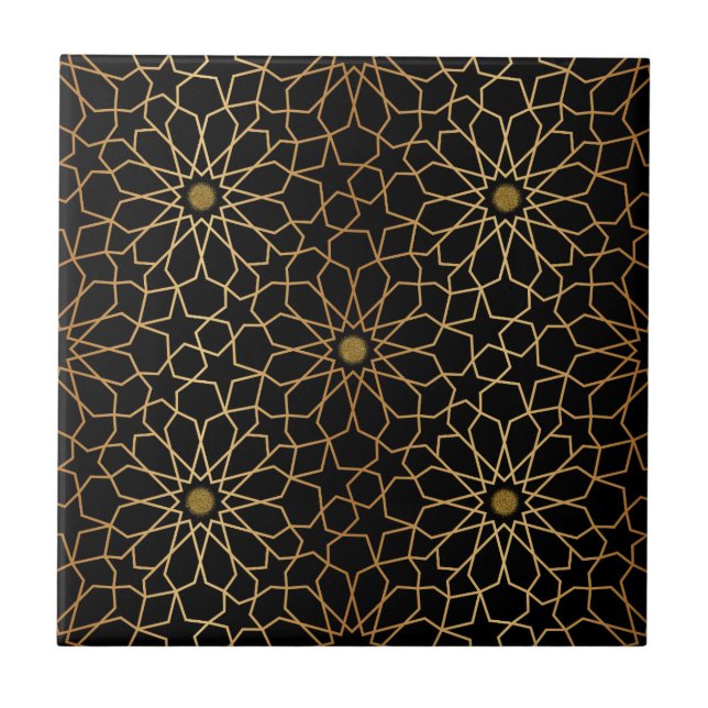 Moroccan Modern Gold Black Mediterranean Pattern Ceramic Tile (Front)
