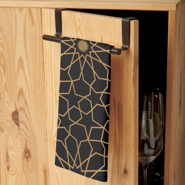 Moroccan Modern Gold Black Mediterranean Pattern Tea Towel (Thirds Fold)