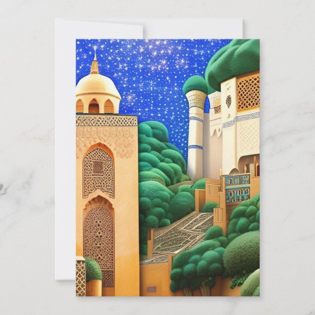 Moroccan mosaic blue sky stars green Eid Mubarak Invitation (Front)