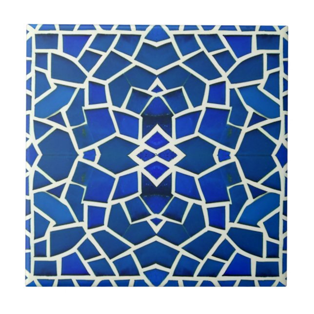 Moroccan mosaic blue white geometric pattern ceramic tile (Front)