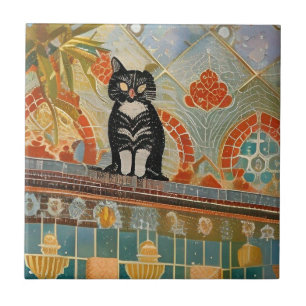Moroccan mosaic cat in abstract ceramic tile