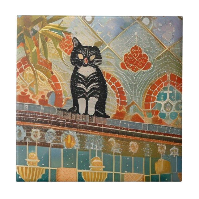 Moroccan mosaic cat in abstract ceramic tile (Front)