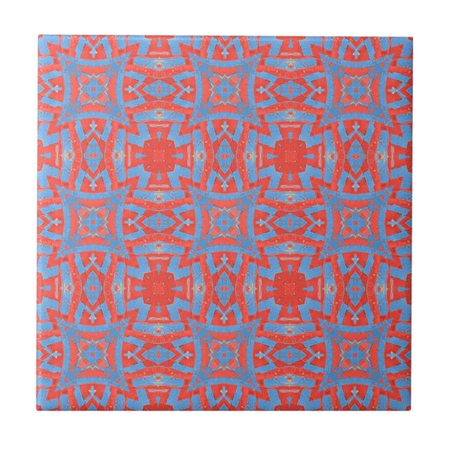 Moroccan mosaic geometric pattern red blue  ceramic tile (Front)