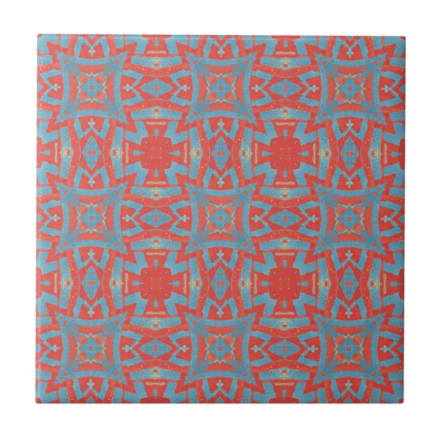 Moroccan mosaic geometric pattern red turquoise ceramic tile (Front)