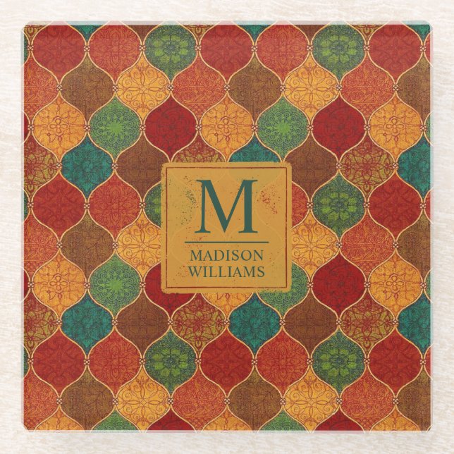 Moroccan Mosaic Geometric Seamless Aztec Pattern Glass Coaster (Front)