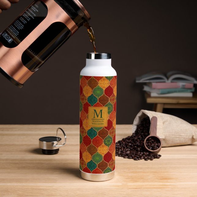 Moroccan Mosaic Geometric Seamless Aztec Pattern Water Bottle (Coffee (Rotated))
