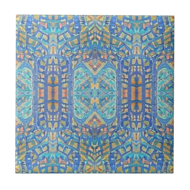 Moroccan mosaic multicolor gold turquoise blue ceramic tile (Front)