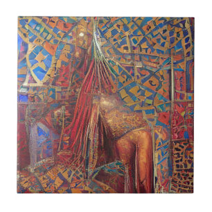 Moroccan mosaic red gold blue green geometric art ceramic tile
