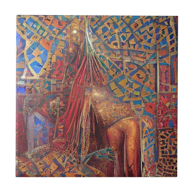Moroccan mosaic red gold blue green geometric art ceramic tile (Front)