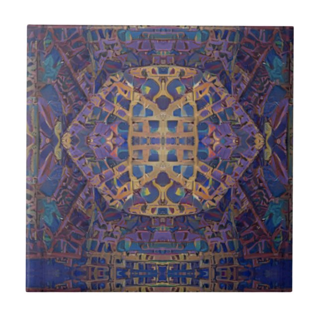 Moroccan mosaic red gold turquoise geometric art ceramic tile (Front)